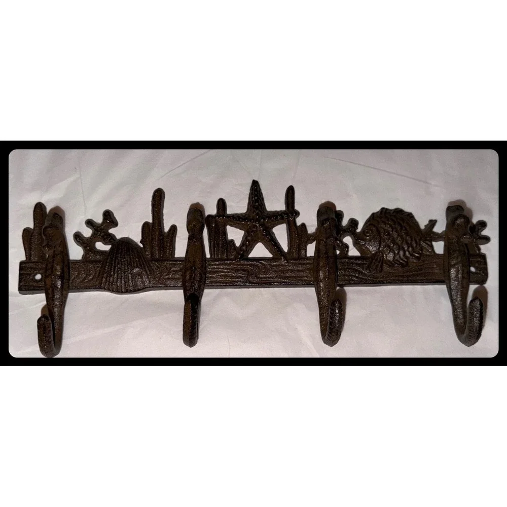Cast Iron Sea Life Wall Hook Rack Brown Nautical Coastal Decor Heavy
